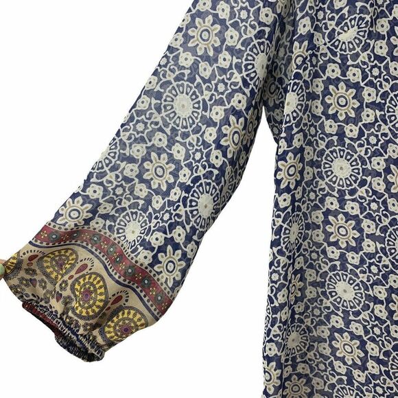 Blue 3/4 Sleeve V Neck Blouse Toile Pattern Boho S - Picture 2 of 6